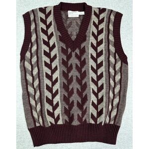 Vintage 70s 80s Clipper Mist Sweater Vest Men L Burgundy Geometric Knit Made USA
